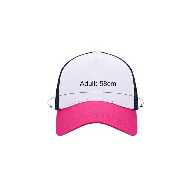 A pink and white premium vintage trucker hat with a dark blue mesh back and a size label of 58cm for adults.