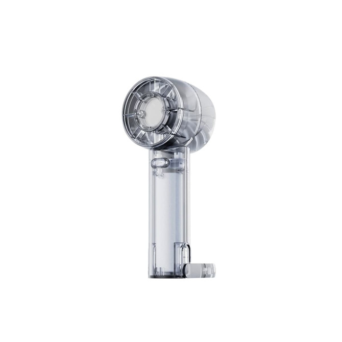 A transparent cooling fan in a sleek design, featuring a rounded top and a cylindrical base.