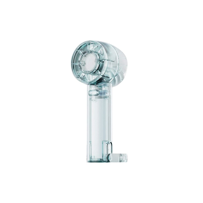 A transparent cooling fan with a sleek design, showcasing a clear plastic body and a round fan head.
