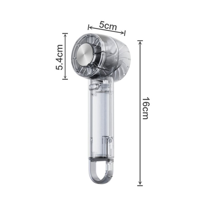 A transparent cooling fan with a cylindrical body, featuring a circular head and dimensions displayed alongside.