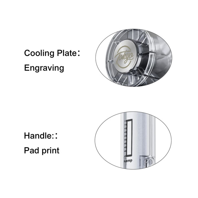 A transparent cooling fan with a silver handle and engraved cooling plate, featuring a logo.