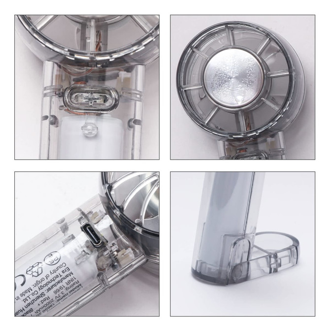 A transparent cooling fan with a sleek design, featuring a circular grille and a removable base.