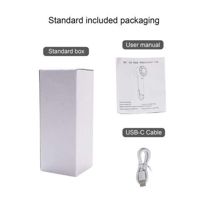 A standard packaging box for a transparent cooling fan, alongside a user manual and a USB-C cable.