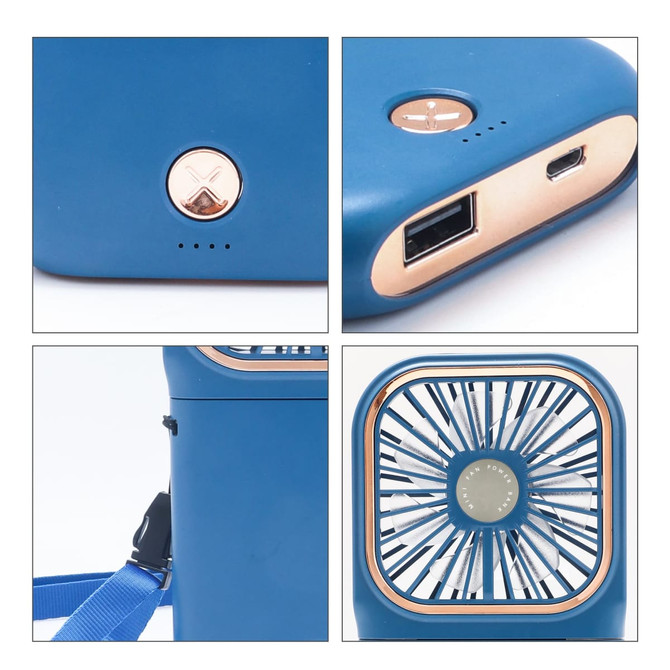 A folding neck fan in blue with a phone stand feature, featuring a USB port and a stylish button.