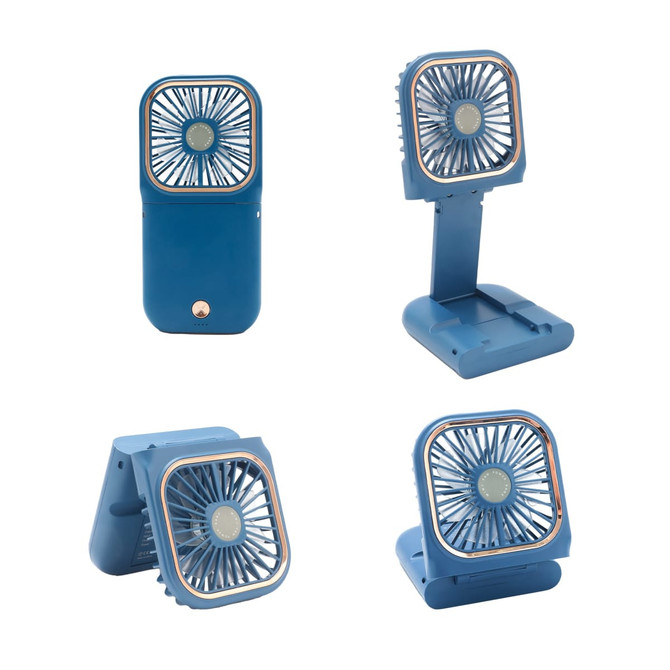 A blue folding neck fan with a phone stand, featuring a compact design and adjustable angles. It includes a logo.