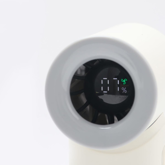 A high-speed portable handheld fan in white, featuring a circular front and a digital display.