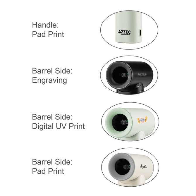 A high-speed portable handheld fan in black, white, and green with branding on the handle and barrel side.