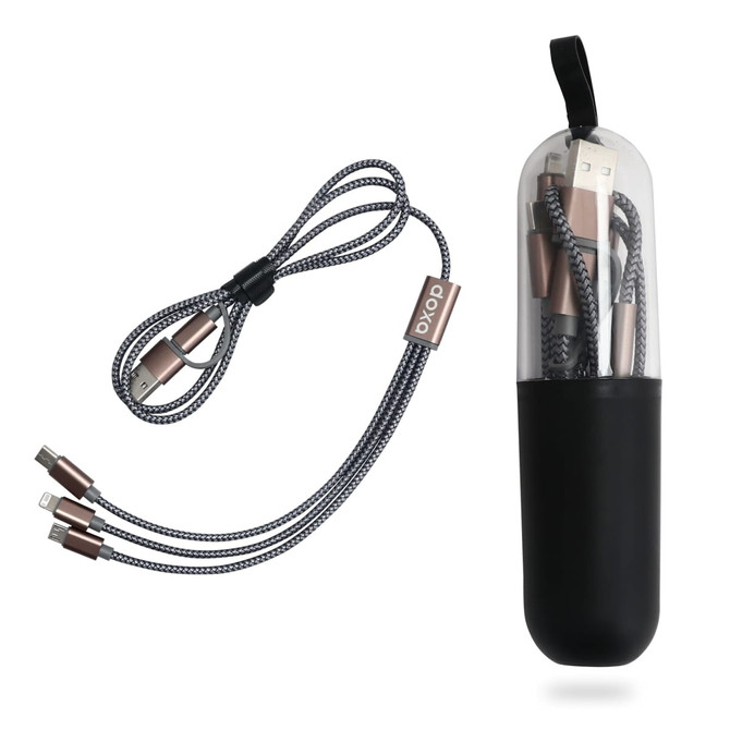 A black capsule storage case containing a multi-functional charging cable with braided grey and white strands. A black capsule storage case containing a multi-functional charging cable with braided grey and white strands.