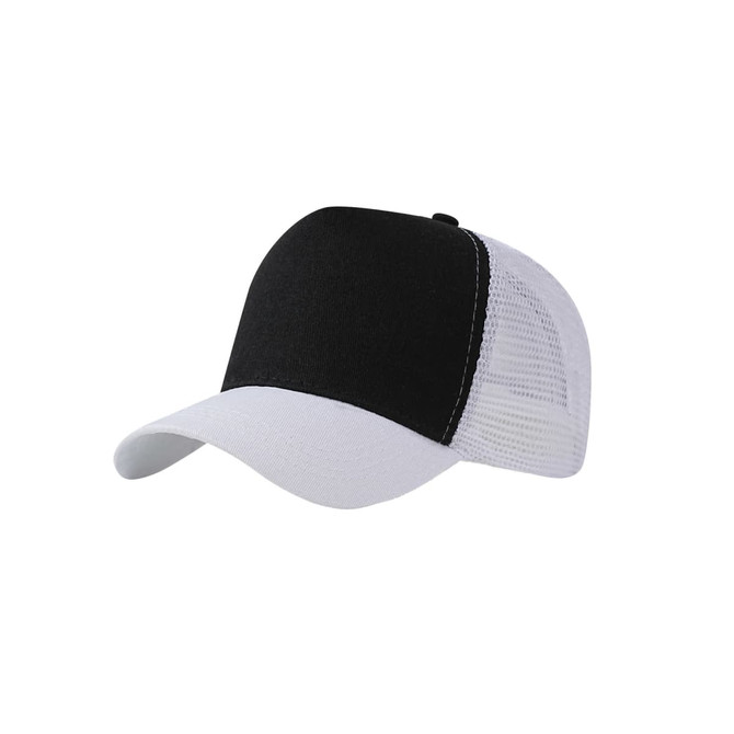 A black and white fashion mesh hat with a solid front and mesh back, featuring a curved brim.