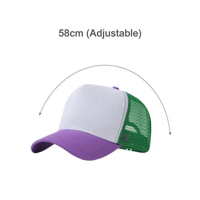 A purple and green mesh-back hat with an adjustable strap. The front is white with a structured design.