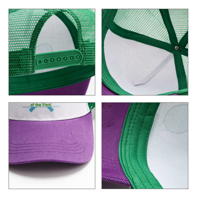 A green and purple fashion mesh hat featuring a logo and a structured brim, with a mesh back for breathability.