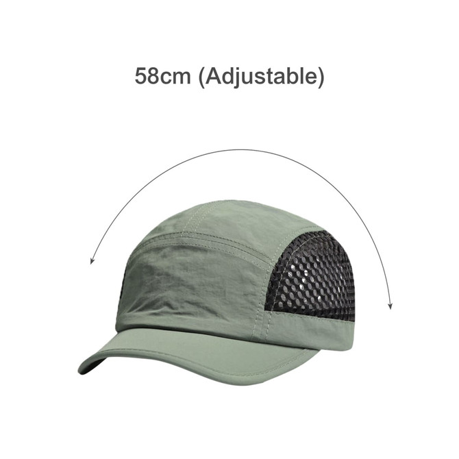 A short brimmed running cap in green with a black mesh panel and adjustable size feature.