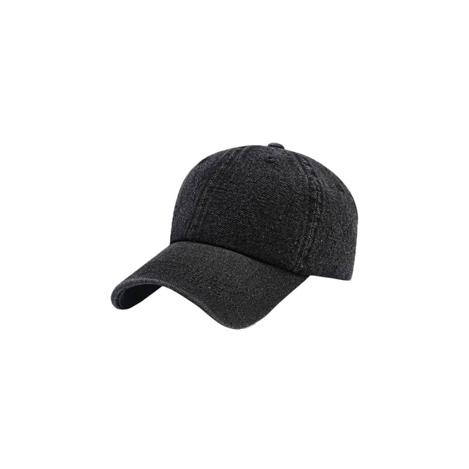 A dark denim baseball cap with a curved brim and embroidered details, featuring a logo on the side.