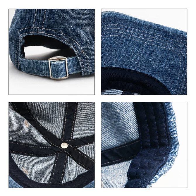 Denim baseball cap featuring a blue design with adjustable strap and interior lining detail. Includes a logo.