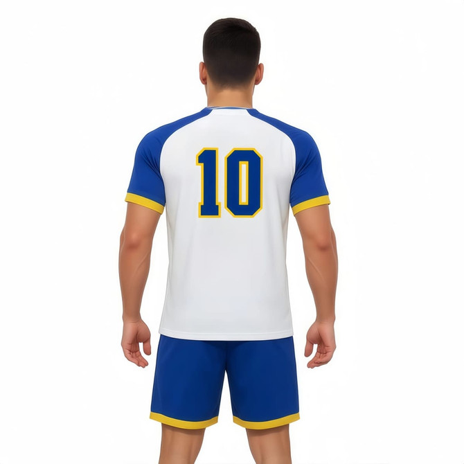 A breathable cross neck raglan T-shirt in white with blue and yellow accents, featuring the number 10 on the back.