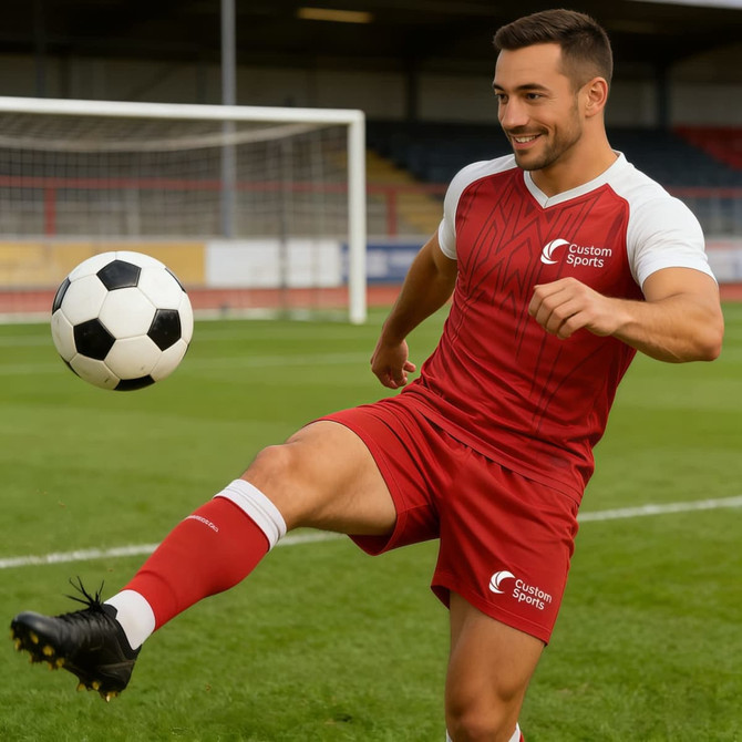 A man in a red and white V-neck raglan sport tee shirt kicks a soccer ball on a grassy field.