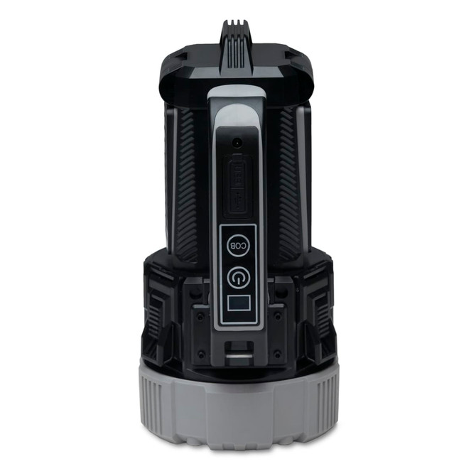 A black and grey OptiBeam Torch with a textured design and a control panel at the front.