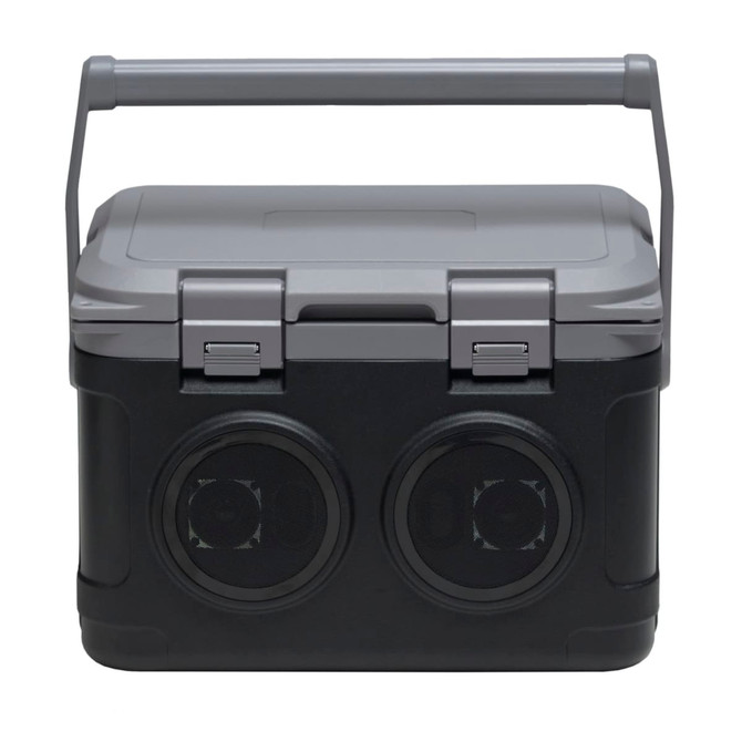 A portable sound box in black with a grey lid, featuring a sturdy handle and two speaker openings.