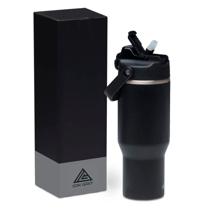 A drink bottle in matte black with a lid and a straw, presented in a sleek black box.