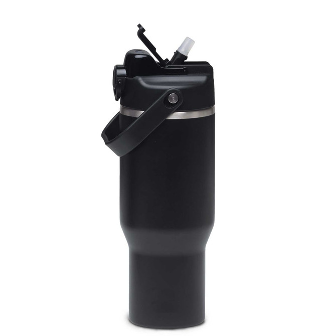 A drink bottle in matte black with a handle, featuring a spout and a secure lid. It has a branding logo.