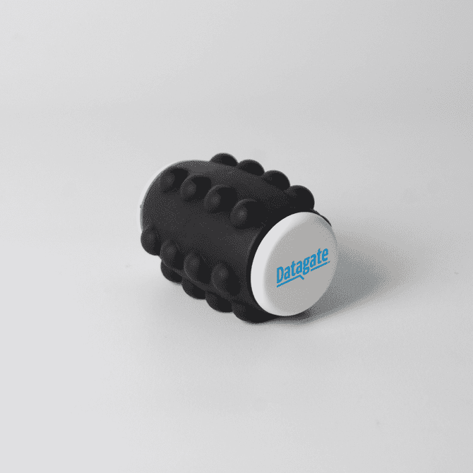 A black Whirl Popper Spinner featuring a white top with a logo, designed as a novelty item for fun and games.
