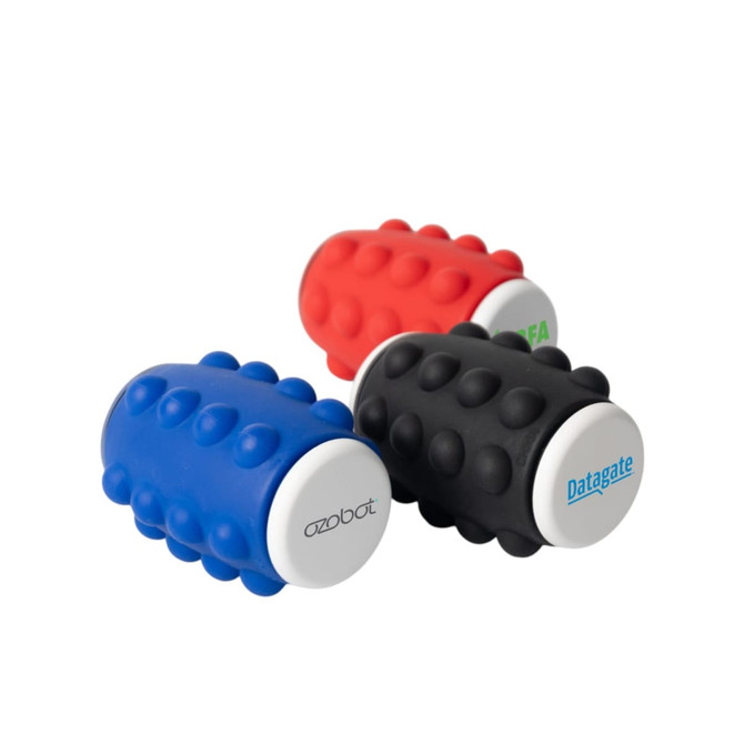 A set of three novelty spinners in blue, red, and black with textured surfaces and logos on the ends.