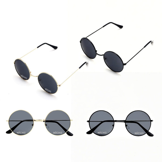 Retro round sunglasses in black and gold, featuring dark lenses and thin metal frames. Some have a logo present.