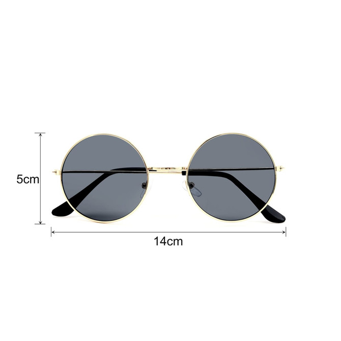 Retro round sunglasses featuring a gold frame and dark lenses, measuring 14 cm wide and 5 cm high.