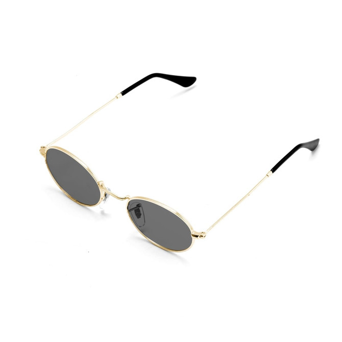 Oval retro sunglasses with a gold frame and dark lenses, featuring black ear tips.