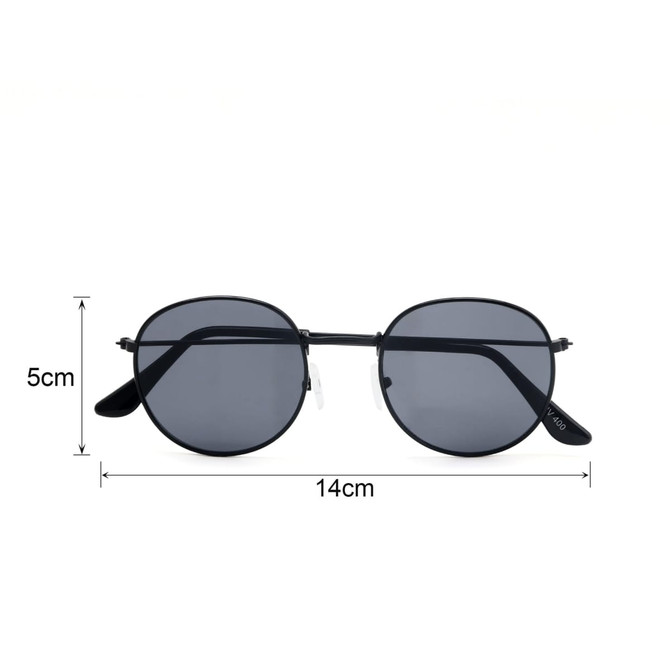 Classic metal sunglasses featuring a black frame and grey lenses, measuring 5cm in height and 14cm in width.
