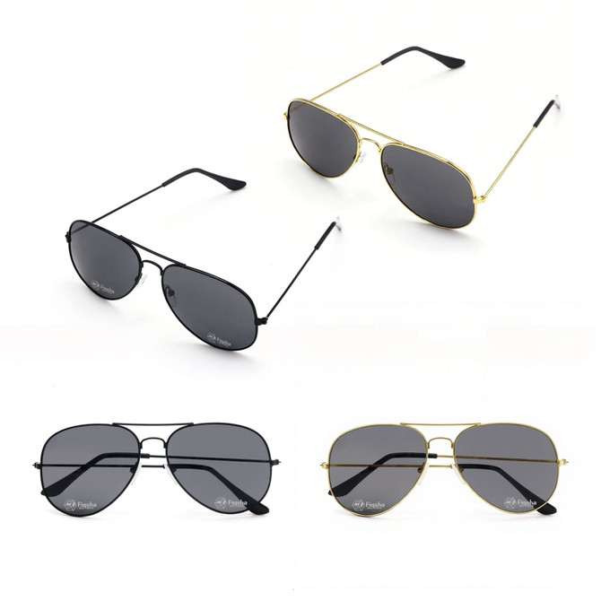 Classic aviator sunglasses in black and gold, featuring dark lenses and metal frames. Some have logos on the frames.