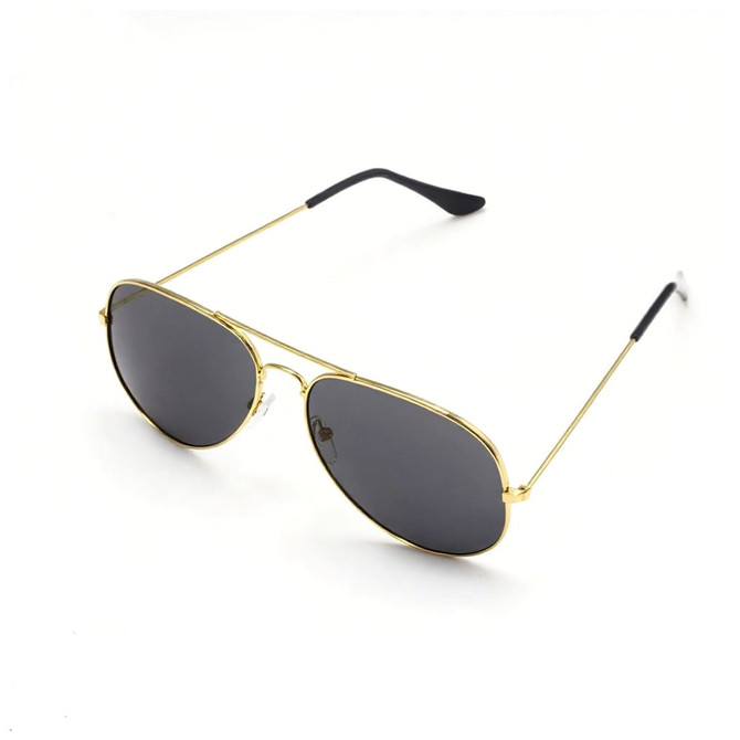 Classic aviator sunglasses with a gold frame and dark lenses, featuring black tips on the arms.