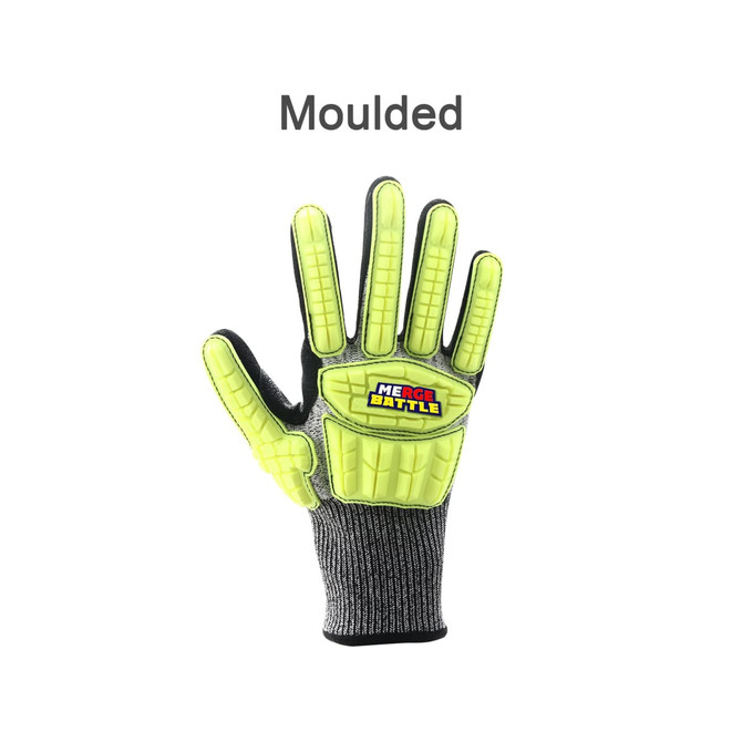 A pair of heavy-duty safety work gloves in bright yellow with textured grip and grey fabric. It has a logo.