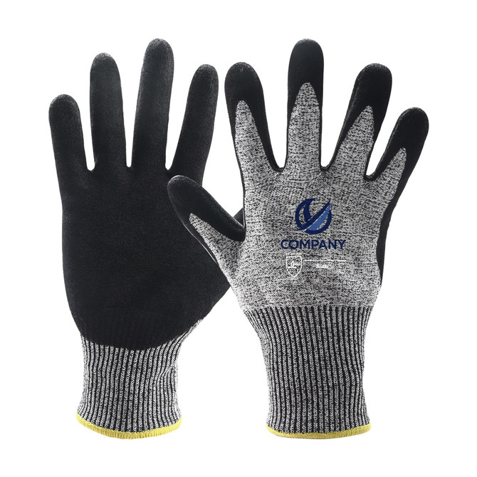 Cut resistant nitrile gloves in black and grey, featuring a textured grip and a logo on the wrist area.