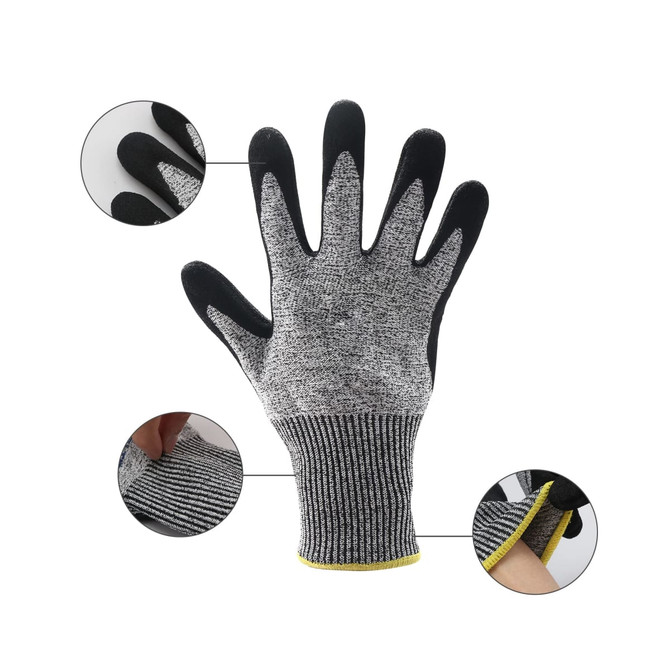 Cut resistant nitrile gloves with a grey and black design, featuring a textured grip and a ribbed cuff.