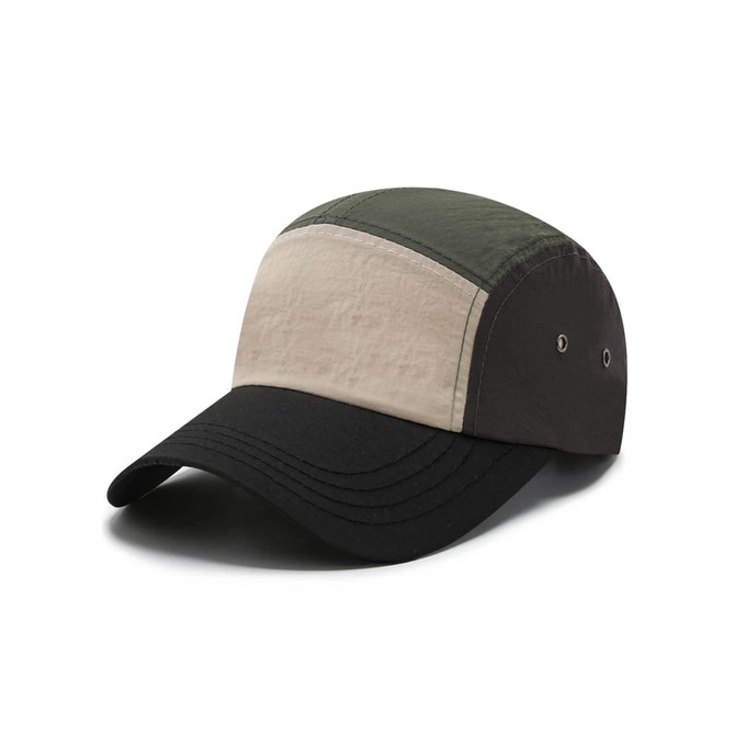 A lightweight 5-panel flat bill cap featuring green, beige, and black panels, with a logo on the side.