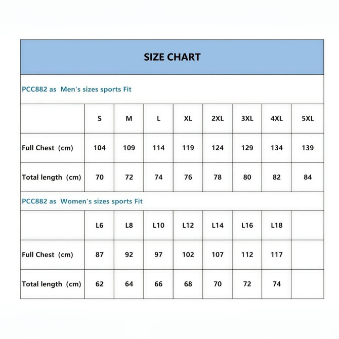 A size chart detailing measurements for men's and women's sports fit singlets, including full chest and total length.