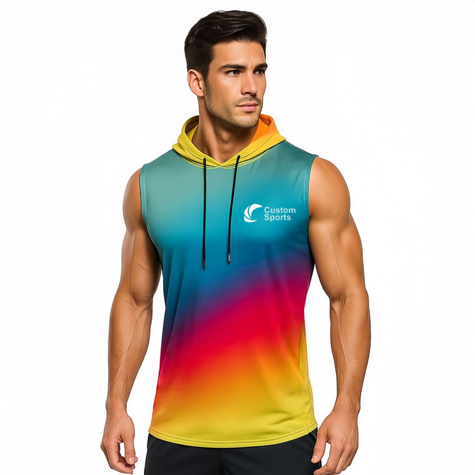 A sleeveless hoodie featuring a gradient design in teal, yellow, and red, with a logo on one side.