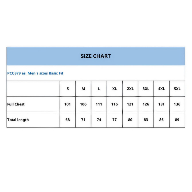 A size chart detailing measurements for a men's basic fit garment, including chest sizes and total lengths across various sizes.