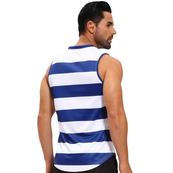 A blue and white striped v-neck singlet made from 100% polyester micro mesh, featuring a logo.