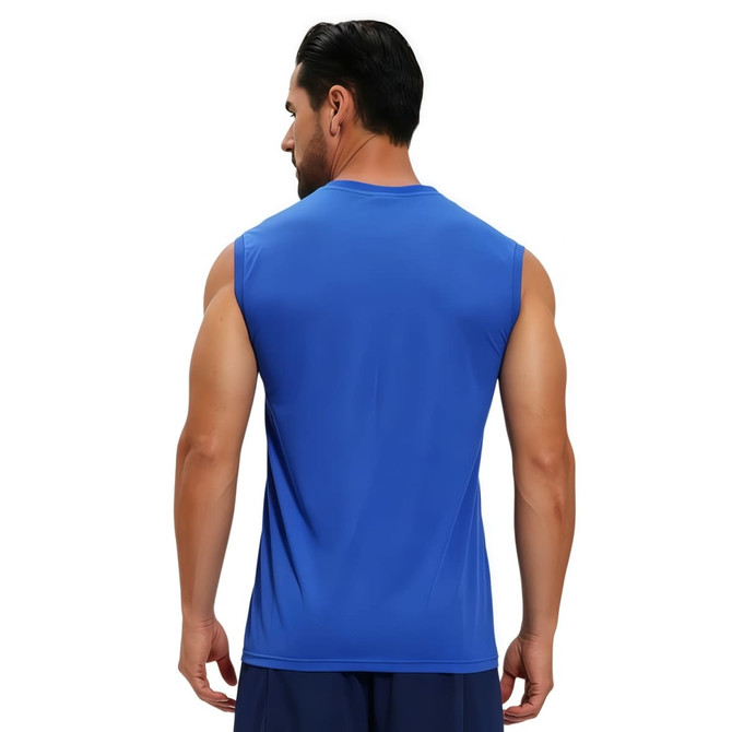 A blue crew neck singlet made from 100% polyester micro mesh, featuring a plain design and no visible branding.