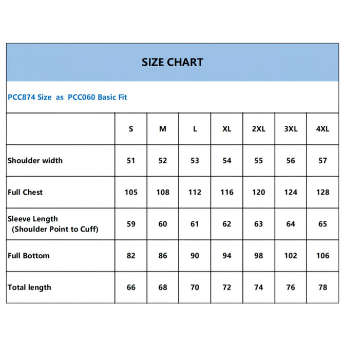 A size chart for a unisex polyester spandex hoodie, detailing measurements in various sizes and including a logo.