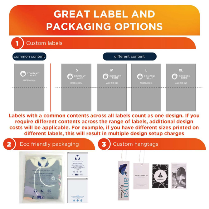 An assortment of custom labels and eco-friendly packaging options displayed on a white background, including hangtags.
