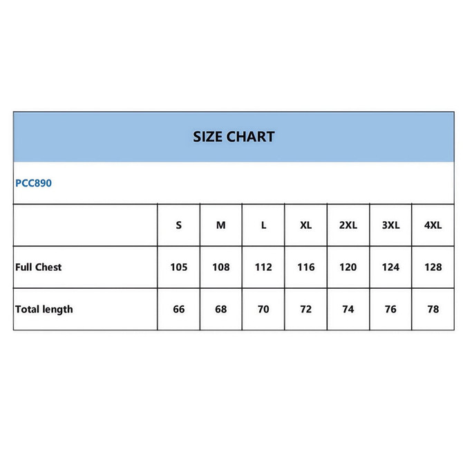 A size chart for a jacket featuring measurements for various sizes, including full chest and total length.