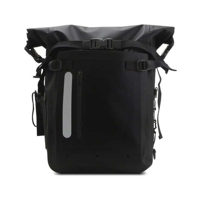 A black waterproof roll top backpack with adjustable straps and side zip pocket, featuring a logo.