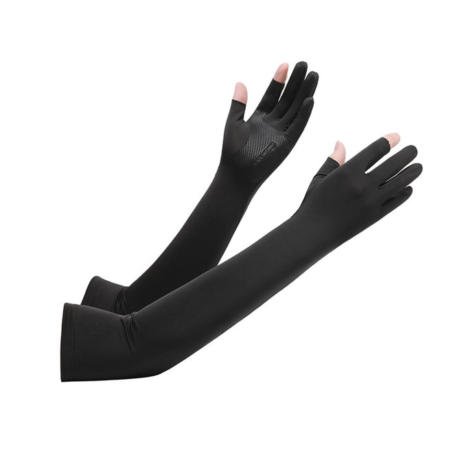 Long sleeve sun protective gloves in black, featuring two open fingers for dexterity. Includes a textured grip on the palms.