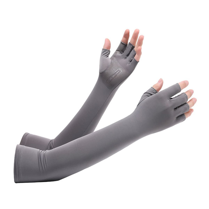 Long sleeve fingerless gloves in grey, designed for sun protection, featuring a sleek and smooth finish.