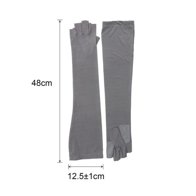Long sleeve, fingerless gloves in grey, featuring a logo, measuring 48 cm in length and 12.5 cm in width.