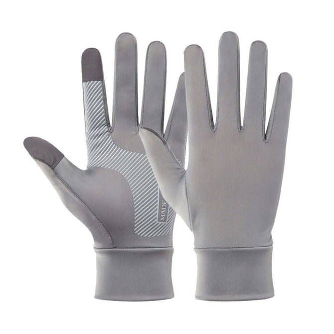 A pair of light grey full finger gloves featuring a textured grip and a logo. Suitable for touchscreen use.