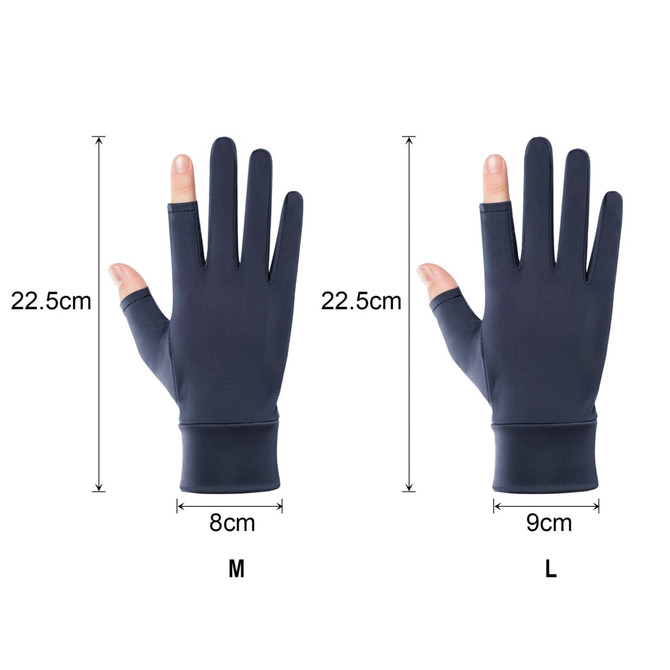 Two pairs of sun protective gloves in navy blue, featuring two open fingers. Dimensions for medium and large sizes are included.